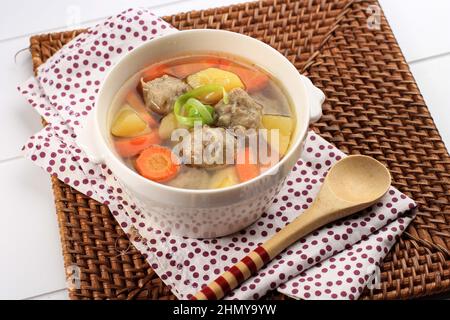 Selected Focus Meatball Soup,Carrot and Potato with Clear Broth Stock Photo