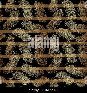 Exotic Stripes Pattern with Gold Feathers Stock Vector