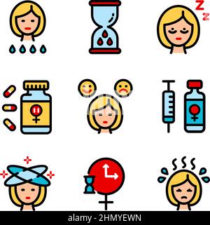 Menopause color icons set. Symbol collection of menstruation period, pregnancy or menopause. Vector signs for web graphics. Vector illustration in fla Stock Vector