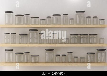 3d rendering empty glass jars on wooden shelves