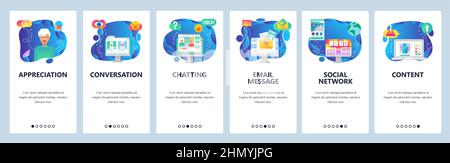 Chat and messaging web site and mobile app onboarding screens. Menu banner vector template for website and application development. Stock Vector