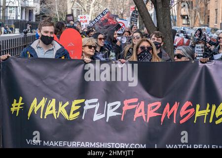 NEW YORK, NY - FEBRUARY 12: Animal Rights Protesters march in the streets during an Anti-Fur March on February 12, 2022in New York City.   Animal rights activists holds a peaceful NYC's first Anti-Fur March of the year protesting Dior, Fendi and Louis Vuitton for refusing to go fur free. Credit: Ron Adar/Alamy Live News Stock Photo