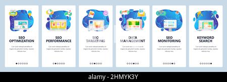 Onboarding for web site and mobile app. Menu banner vector template for website and application development. SEO optimization performance targeting mo Stock Vector