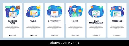 Onboarding for web site and mobile app. Menu banner vector template for website and application development. Business plan, Tasks, Investment, Ideas, Stock Vector