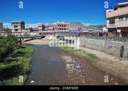 A small river in Mingora, Swat valley of Himalayas, Pakistan Stock Photo