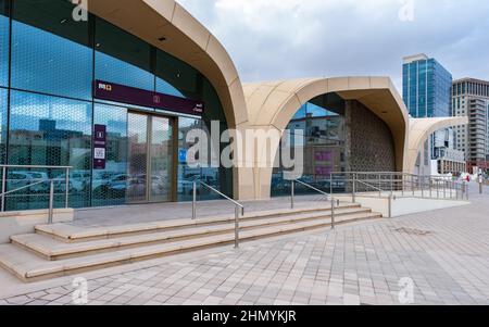 Doha, Qatar - January 16th 2022: Entrance to Al Sadd Metro Station in Doha, Qatar Stock Photo
