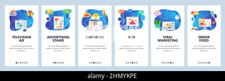 Onboarding for web site and mobile app. Menu banner vector template for website and application development. Television ad, Advertising stand, Campaig Stock Vector