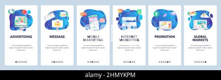 Onboarding for web site and mobile app. Menu banner vector template for website and application development. Advertising, Message, Mobile and internet Stock Vector