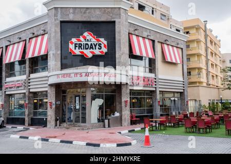 Doha, Qatar - January 16th 2022: T.G.I Friday's restaurant front in Doha, Qatar Stock Photo