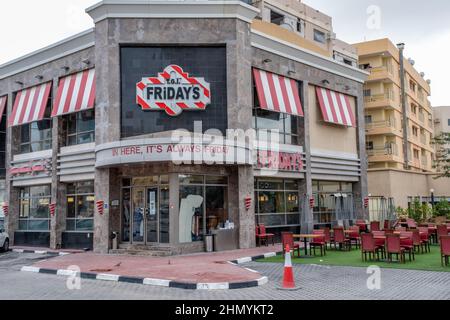 Doha, Qatar - January 16th 2022: T.G.I Friday's restaurant front in Doha, Qatar Stock Photo