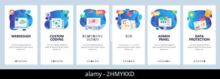 Onboarding for web site and mobile app. Menu banner vector template for website and application development. Webdesign, Custom coding, Responsive desi Stock Vector