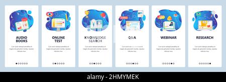 Onboarding for web site and mobile app. Menu banner vector template for website and application development. Audio books, Online test, Knowledge searc Stock Vector