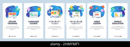 Online training, language courses web site and mobile app onboarding screens. Menu banner vector template for website and application development. Stock Vector