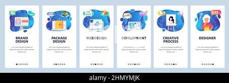 Onboarding for web site and mobile app. Menu banner vector template for website and application development. Brand and package design, Webdesign, Deve Stock Vector