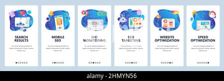 Onboarding for web site and mobile app. Menu banner vector template for website and application development. Search results, Mobile SEO, SEO monitorin Stock Vector