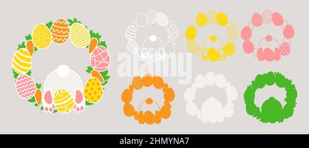3D Happy Easter layered wreath with easter eggs and bunny. Layered paper decoration. Print, cut out, glue. Egg hunt for children template layout. Vect Stock Vector