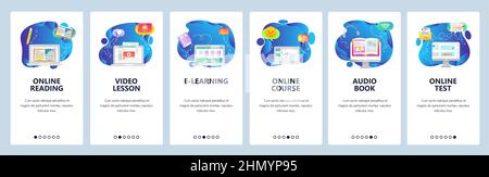 Onboarding for web site and mobile app. Menu banner vector template for website and application development. Online reading, course and test, Video le Stock Vector