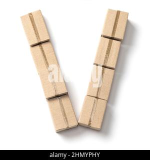 Letter V. Alphabet from cardboard boxes for delivery isolated on white background. Stock Photo