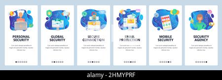 Onboarding for web site and mobile app. Menu banner vector template for website and application development. Personal, global, mobile security, Secure Stock Vector