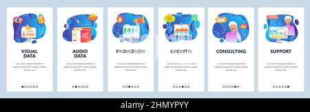 Onboarding for web site and mobile app. Menu banner vector template for website and application development. Visual and audio data, Promotion, Growth, Stock Vector