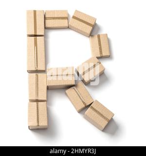 Letter R. Alphabet from cardboard boxes for delivery isolated on white background. Stock Photo