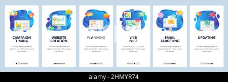 Onboarding for web site and mobile app. Menu banner vector template for website and application development. Campaign timing, Website creation, Planni Stock Vector