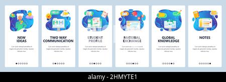 Onboarding for web site and mobile app. Menu banner vector template for website and application development. New ideas, Two way communication, Student Stock Vector