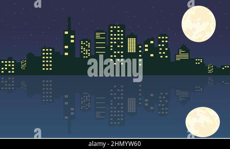 abstract blue background with silhouette of city and moon Stock Vector