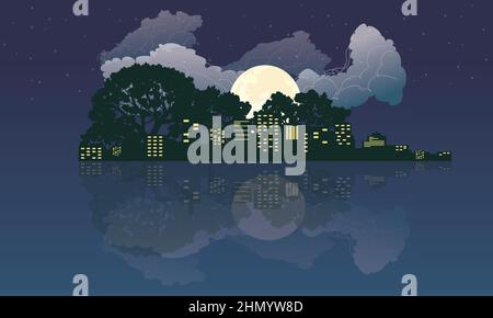 Vector illustration of silhouette of night city street with light window and bridge on dark blue sky background with cloud and shine full moon. Stock Vector