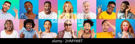 Positive millennial and old european and african american men and ladies on multicolored neon background Stock Photo