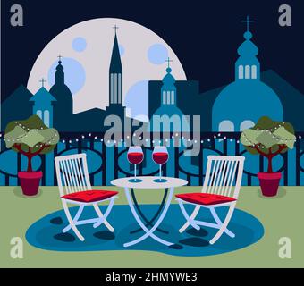Cozy beautiful restaurant on rooftop with table and two chair in the big city with the cityscape evening or night. Stock Vector