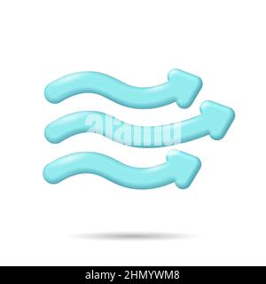 3D air wind storm blowing weather icon. Forecasting map flow mobile realistic glowing cartoon app. Cold cool summer overcast rainstorm vector illustra Stock Vector