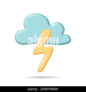 3D cloud with lightning rain storm weather icon. Forecasting map mobile realistic glowing cartoon app. Cold cool summer overcast rainstorm vector illu Stock Vector
