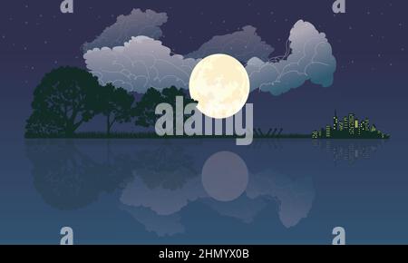 Vector illustration of silhouette of night city street with light window and bridge on dark blue sky background with cloud and shine full moon. Stock Vector