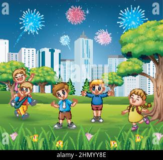 Happy school children on the city park with firework background Stock Vector