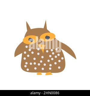 Crazy funny owl - hand drawn style on white. Simple doodle element for kids Stock Vector
