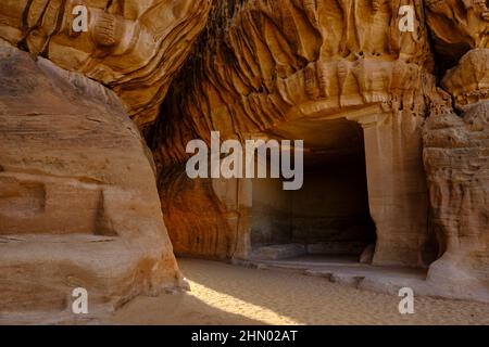 Saudi Arabia, Al Madinah Region, AlUla or Al Ula, Nabatean Tomb In Hegra (Madain Saleh) Archaeologic Site,  Jabal Ithlib Stock Photo