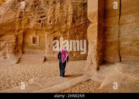 Saudi Arabia, Al Madinah Region, AlUla or Al Ula, Nabatean Tomb In Hegra (Madain Saleh) Archaeologic Site,  Jabal Ithlib Stock Photo