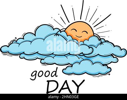 Sun and Cloud kids drawing for nursery in cartoon outline style. Boy blue vector illustration isolated on white Stock Vector
