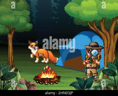 Boy explorer camping in the forest and a fox near the tent Stock Vector