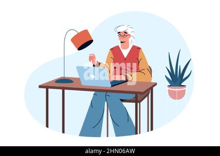 Flat happy elderly woman working online at home. Old age pensioner sitting with laptop at the table and surfing on the internet. Older lady studying in distance education, shopping or communicating. Stock Vector