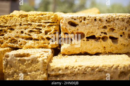 Porous texture of shell bricks. Natural blocks for construction. Backgrounds. Build. Stock Photo