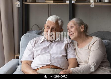 Happy thoughtful older 80s 70s couple relaxing on couch Stock Photo