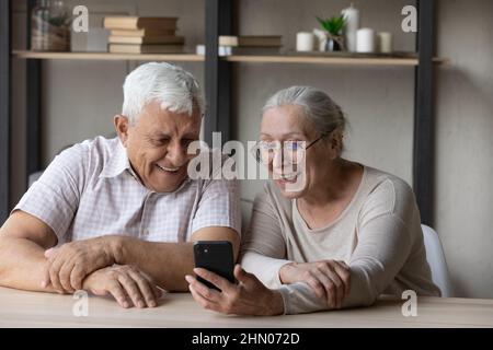 Cheerful happy older married couple using smartphone for video call Stock Photo