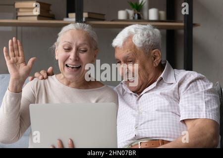 Happy joyful old couple talking to grandchildren on conference chat Stock Photo