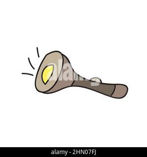 Flashlight hand drawn icon in cartoon style. Pocket tourist flashlight. Vector hand drawn illustration. Isolated on white background. Stock Vector