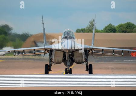 Polish Air Force Mikoyan-Gurevich MiG-29A jet fighter plane taxiing in at Royal International Air Tattoo airshow at RAF Fairford. Russian design Stock Photo