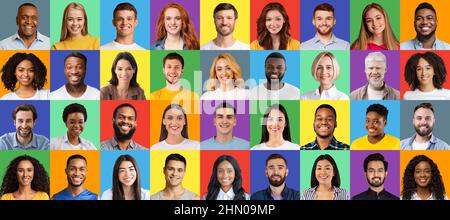 Mosaic of multiethnic people portraits expressing positivity, smiling and looking at camera on colorful backgrounds Stock Photo