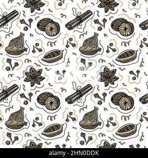 Seamless spice pattern, drawn element in doodle style. Christmas. Spices for mulled wine. Herbs and spices. Linear style pattern and warm chocolate pa Stock Vector