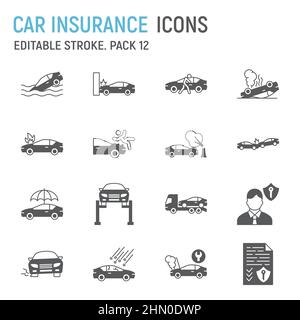 Car insurance glyph icon set, car accident collection, vector graphics, logo illustrations, car insurance vector icons, car crash signs, solid pictograms, editable stroke Stock Vector